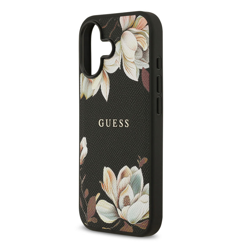Apple iPhone 17 Kılıf Guess Orjinal Lisanslı M-safe Şarj Özellikli Taneli Çiçek Tasarımlı Metal Yazı Logolu Kapak - 8
