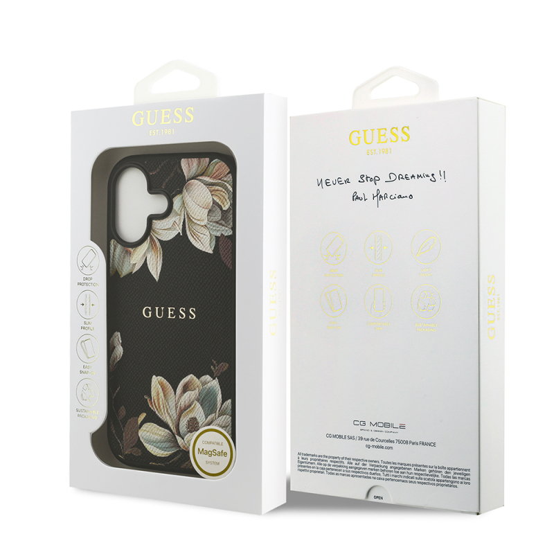 Apple iPhone 17 Kılıf Guess Orjinal Lisanslı M-safe Şarj Özellikli Taneli Çiçek Tasarımlı Metal Yazı Logolu Kapak - 10