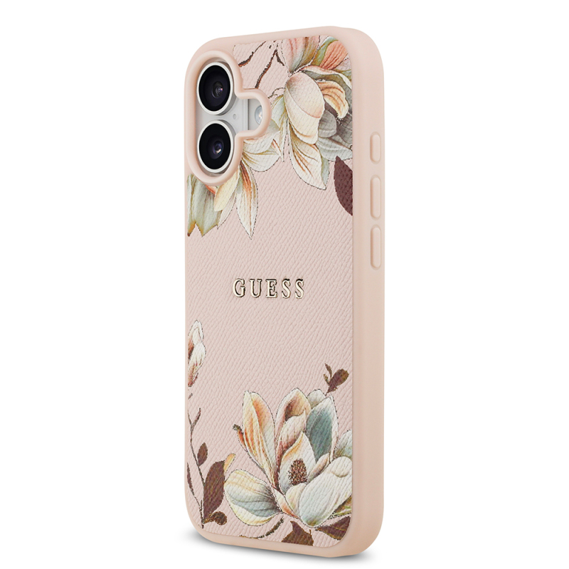Apple iPhone 17 Kılıf Guess Orjinal Lisanslı M-safe Şarj Özellikli Taneli Çiçek Tasarımlı Metal Yazı Logolu Kapak - 11