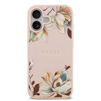 Apple iPhone 17 Kılıf Guess Orjinal Lisanslı M-safe Şarj Özellikli Taneli Çiçek Tasarımlı Metal Yazı Logolu Kapak - 12