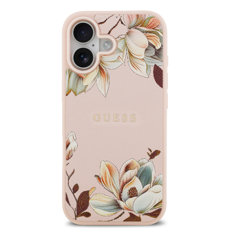 Apple iPhone 17 Kılıf Guess Orjinal Lisanslı M-safe Şarj Özellikli Taneli Çiçek Tasarımlı Metal Yazı Logolu Kapak - 12