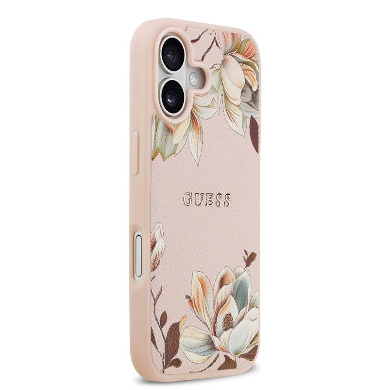 Apple iPhone 17 Kılıf Guess Orjinal Lisanslı M-safe Şarj Özellikli Taneli Çiçek Tasarımlı Metal Yazı Logolu Kapak - 13