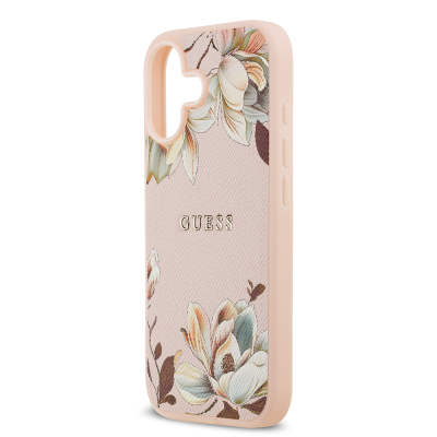 Apple iPhone 17 Kılıf Guess Orjinal Lisanslı M-safe Şarj Özellikli Taneli Çiçek Tasarımlı Metal Yazı Logolu Kapak - 15