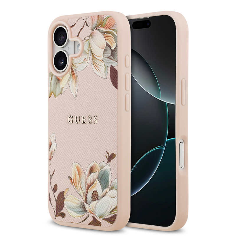 Apple iPhone 17 Kılıf Guess Orjinal Lisanslı M-safe Şarj Özellikli Taneli Çiçek Tasarımlı Metal Yazı Logolu Kapak - 3
