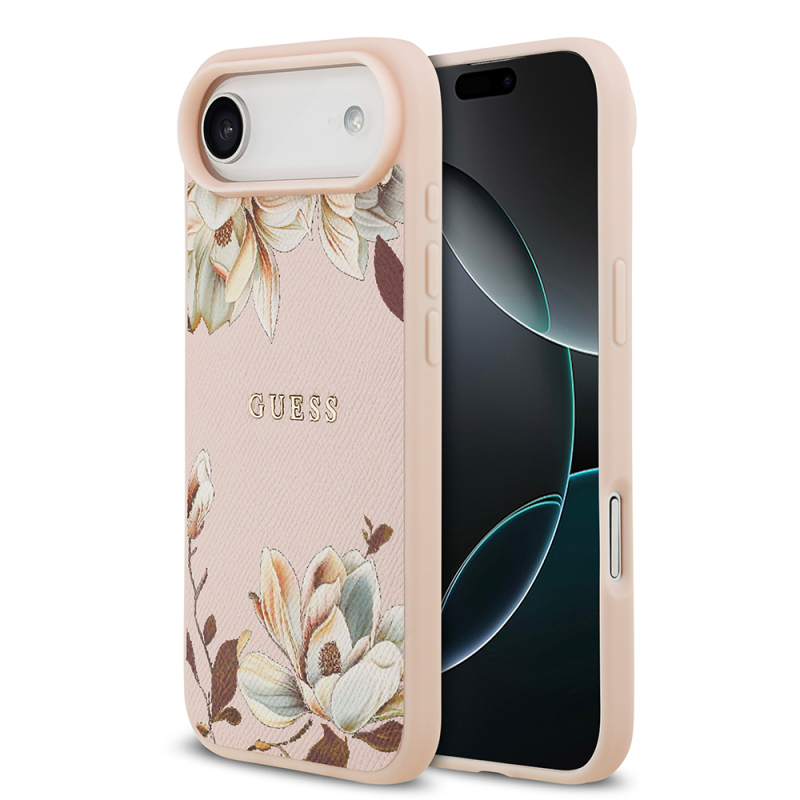 Apple iPhone 17 Air Kılıf Guess Orjinal Lisanslı M-safe Şarj Özellikli Taneli Çiçek Tasarımlı Metal Yazı Logolu Kapak - 1