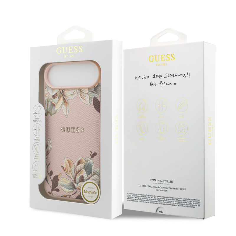 Apple iPhone 17 Air Kılıf Guess Orjinal Lisanslı M-safe Şarj Özellikli Taneli Çiçek Tasarımlı Metal Yazı Logolu Kapak - 10