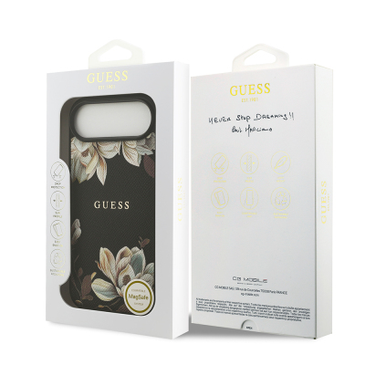 Apple iPhone 17 Air Kılıf Guess Orjinal Lisanslı M-safe Şarj Özellikli Taneli Çiçek Tasarımlı Metal Yazı Logolu Kapak - 17
