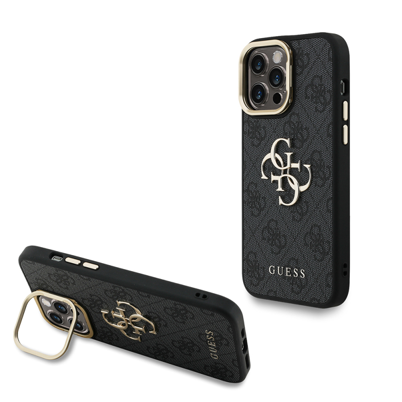 Apple iPhone 14 Pro Max Kılıf Guess Orjinal Lisanslı PU Deri 4G Desenli Metal Büyük 4G ve Yazı Logolu Kamera Standlı Kapak - 1