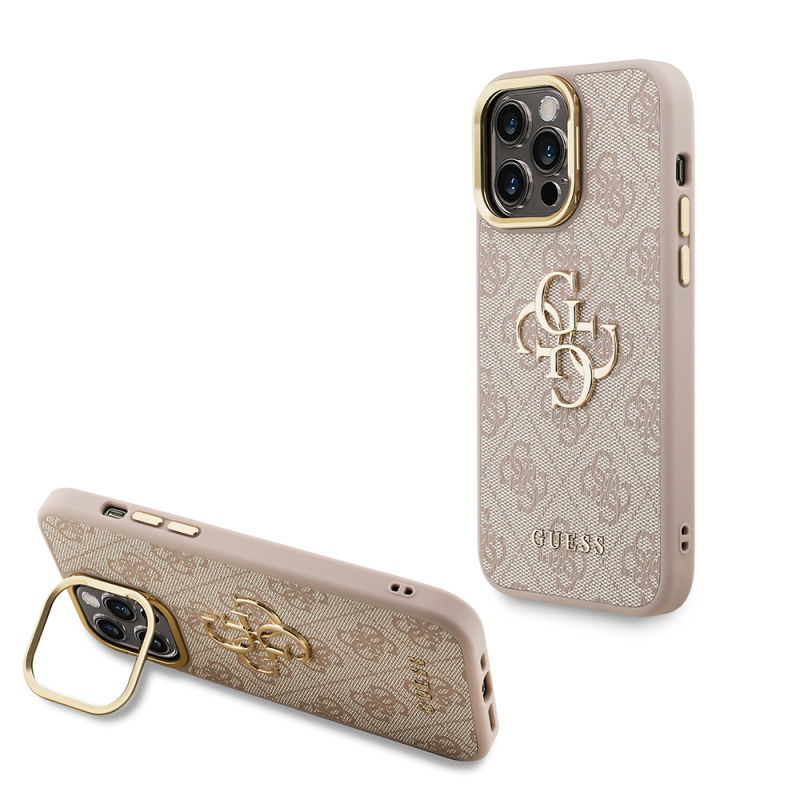 Apple iPhone 14 Pro Max Kılıf Guess Orjinal Lisanslı PU Deri 4G Desenli Metal Büyük 4G ve Yazı Logolu Kamera Standlı Kapak - 5