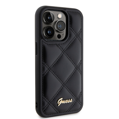 Apple iPhone 14 Pro Max Kılıf Guess Orjinal Lisanslı PU Deri Metal Yazı Logolu Kapitone Kapak - 5