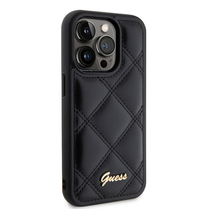 Apple iPhone 14 Pro Max Kılıf Guess Orjinal Lisanslı PU Deri Metal Yazı Logolu Kapitone Kapak - 5