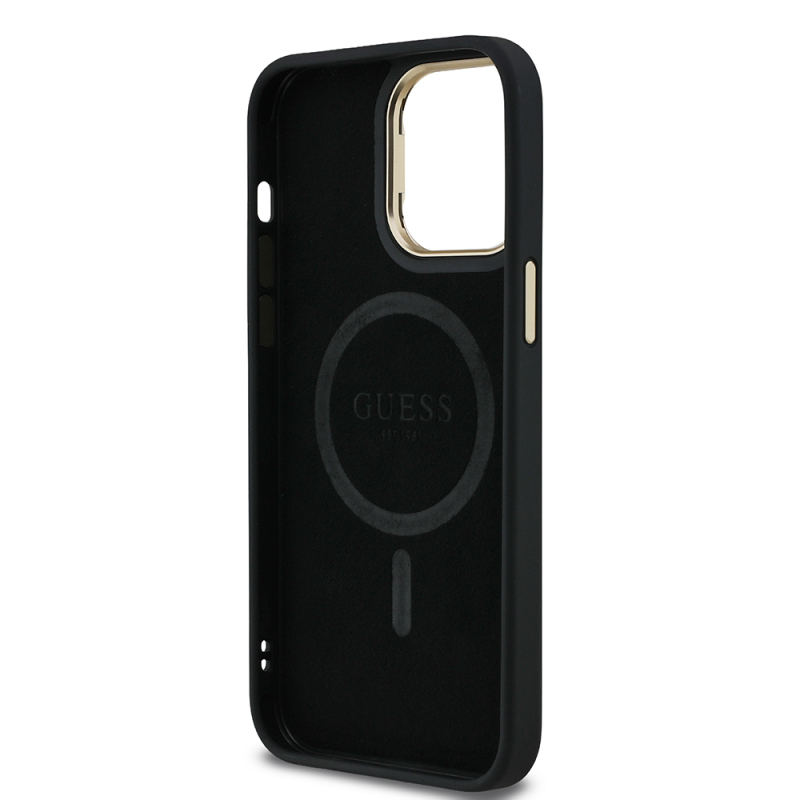Apple iPhone 14 Pro Max Kılıf Guess Orjinal Lisanslı PU Deri Taşlı Üçgen Logo 4G Desenli Kamera Standlı Kapak - 17