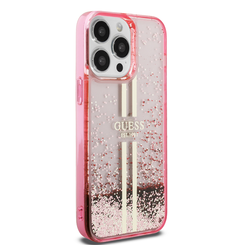 Apple iPhone 14 Pro Max Kılıf Guess Orjinal Lisanslı Transparan Sıvılı Simli Altın Çizgili Kapak - 12