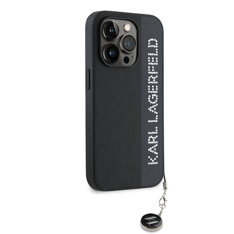 Apple iPhone 14 Pro Max Kılıf Karl Lagerfeld Orjinal Lisanslı Anahtarlıklı Taşlı KL Yazılı Saffiano Rhinestones Kapak - 4