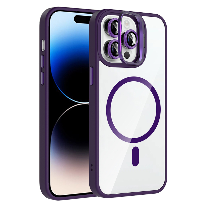 Apple iPhone 14 Pro Max Kılıf Standlı ve Kamera Lens Hediyeli M-Safe Şarj Özellikli Zore Etro Kapak - 3
