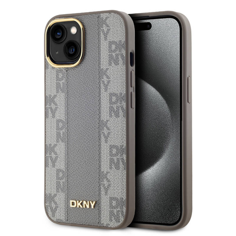 Apple iPhone 15 Case DKNY Original Licensed MagSafe Charging Feature 3D Written Checkered Pattern Cover - 1