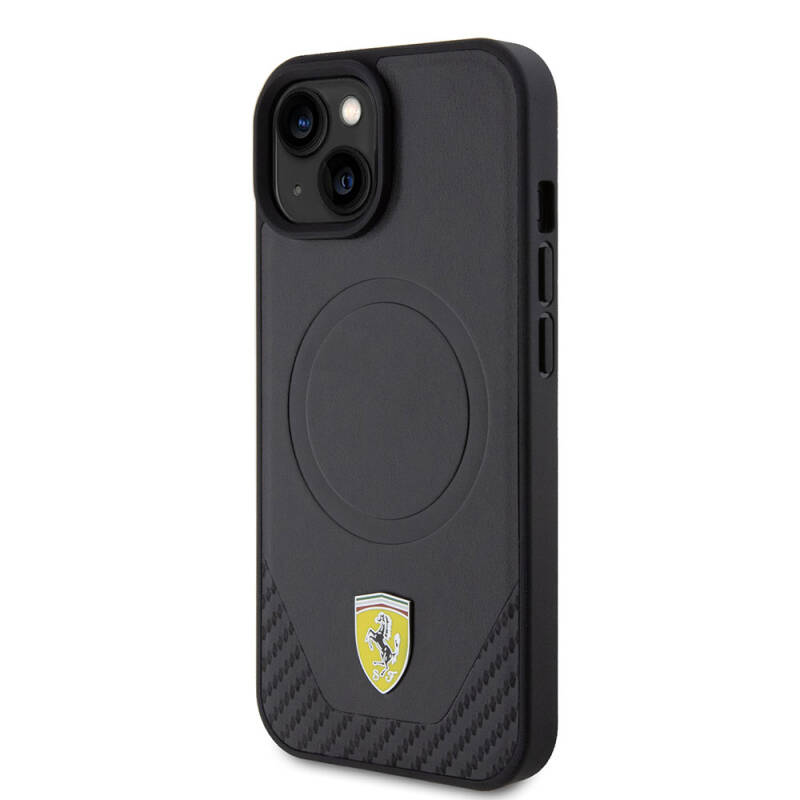 Apple iPhone 15 Case Ferrari Original Licensed PU Carbon Metal Logo Magsafe Charge Feature Cover - 2
