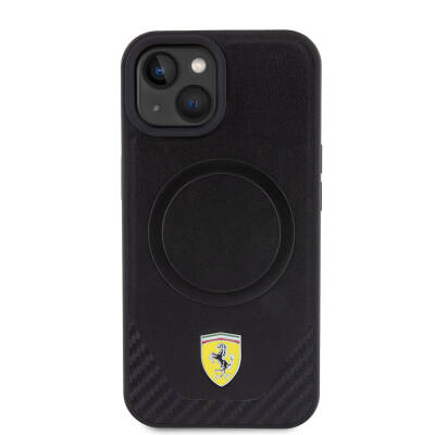 Apple iPhone 15 Case Ferrari Original Licensed PU Carbon Metal Logo Magsafe Charge Feature Cover - 3