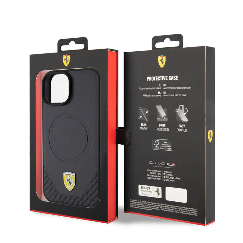 Apple iPhone 15 Case Ferrari Original Licensed PU Carbon Metal Logo Magsafe Charge Feature Cover - 8