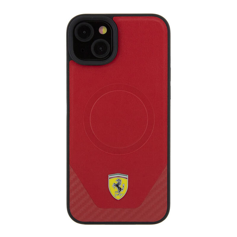 Apple iPhone 15 Case Ferrari Original Licensed PU Carbon Metal Logo Magsafe Charge Feature Cover - 11