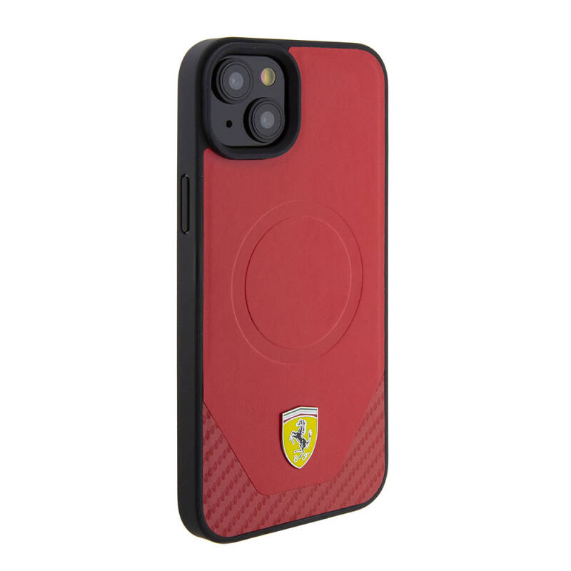 Apple iPhone 15 Case Ferrari Original Licensed PU Carbon Metal Logo Magsafe Charge Feature Cover - 12