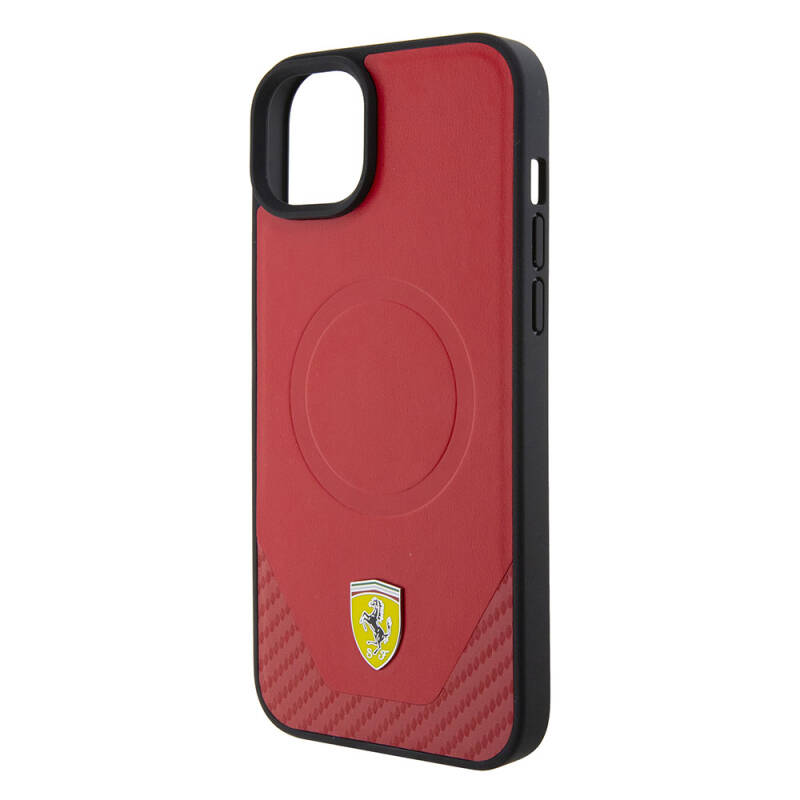 Apple iPhone 15 Case Ferrari Original Licensed PU Carbon Metal Logo Magsafe Charge Feature Cover - 14