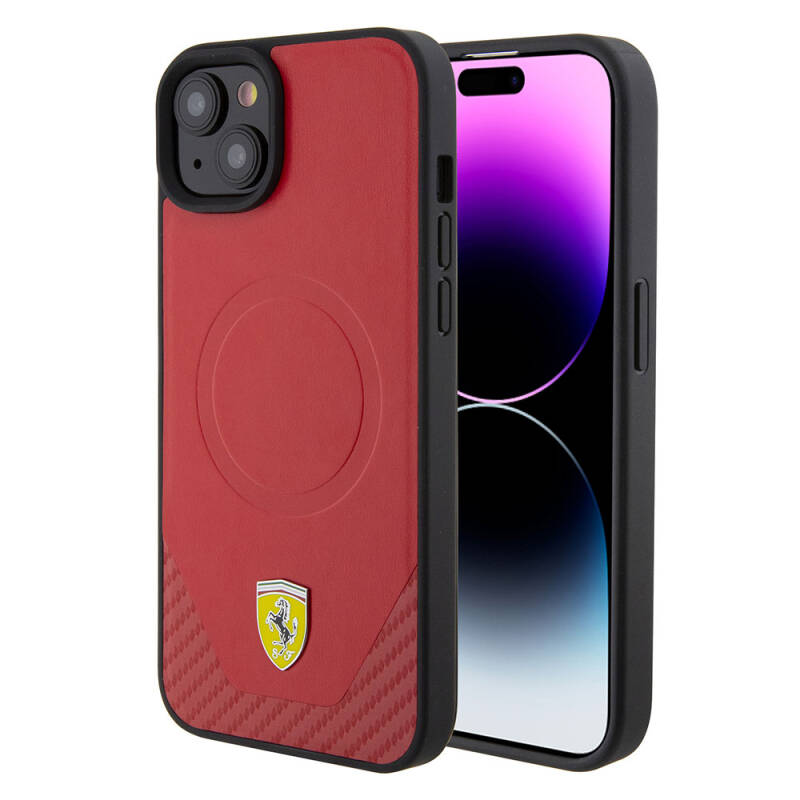 Apple iPhone 15 Case Ferrari Original Licensed PU Carbon Metal Logo Magsafe Charge Feature Cover - 17