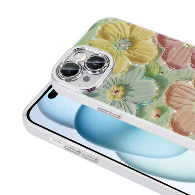 Apple iPhone 15 Case Flower Patterned Shiny Stone Hard Silicone Zore Garden Cover - 8