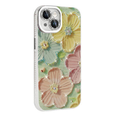 Apple iPhone 15 Case Flower Patterned Shiny Stone Hard Silicone Zore Garden Cover - 10