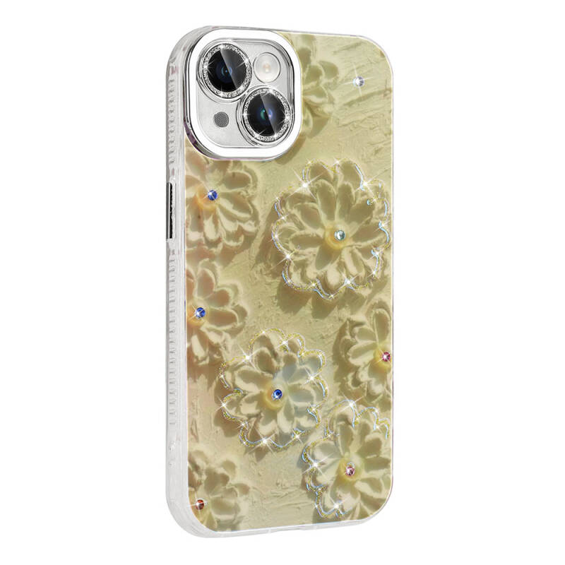 Apple iPhone 15 Case Flower Patterned Shiny Stone Hard Silicone Zore Garden Cover - 14