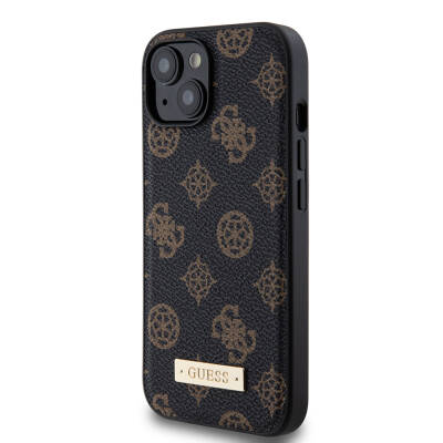 Apple iPhone 15 Case Guess Magsafe Charging Featured PU Leather Patterned Metal Plate Logo Cover - 2