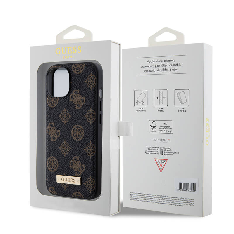 Apple iPhone 15 Case Guess Magsafe Charging Featured PU Leather Patterned Metal Plate Logo Cover - 7