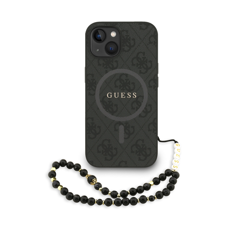 Apple iPhone 15 Case Guess Original Licensed M-safe Charging Feature PU Leather Wrist Strap Rope Cover Text Logo - 1