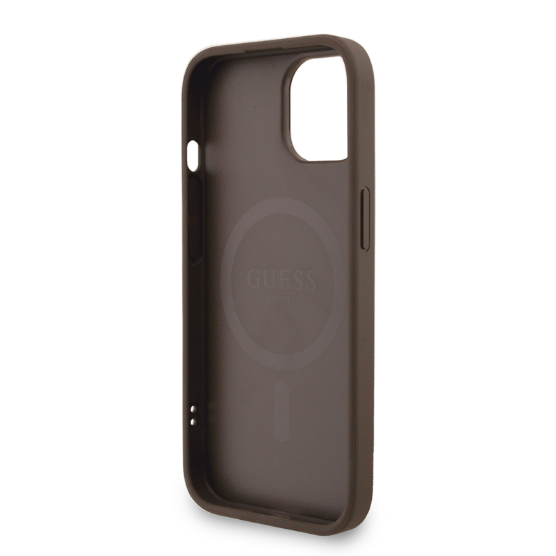 Apple iPhone 15 Case Guess Original Licensed M-safe Charging Feature PU Leather Wrist Strap Rope Cover Text Logo - 16