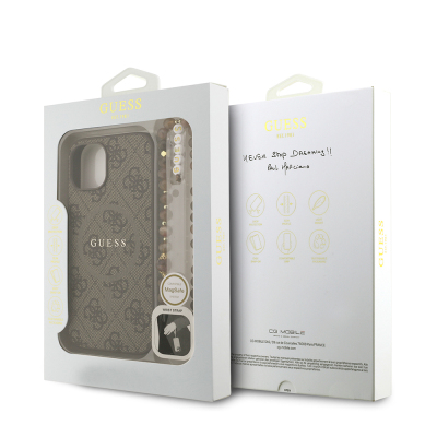 Apple iPhone 15 Case Guess Original Licensed M-safe Charging Feature PU Leather Wrist Strap Rope Cover Text Logo - 17