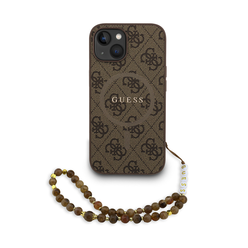 Apple iPhone 15 Case Guess Original Licensed M-safe Charging Feature PU Leather Wrist Strap Rope Cover Text Logo - 10