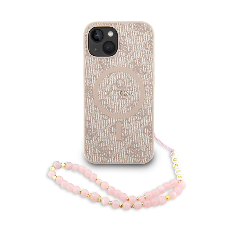 Apple iPhone 15 Case Guess Original Licensed M-safe Charging Feature PU Leather Wrist Strap Rope Cover Text Logo - 18