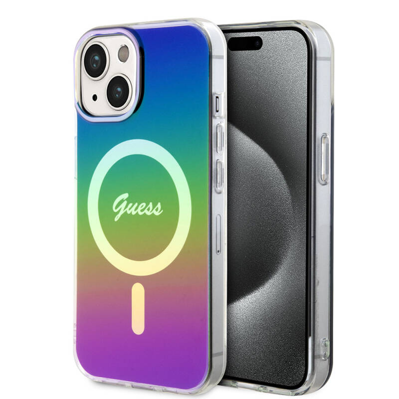 Apple iPhone 15 Case Guess Original Licensed Magsafe Charging Feature Iridescent Cover with Text Logo - 1