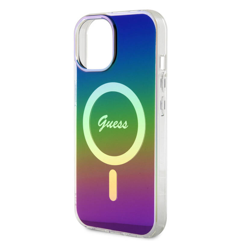 Apple iPhone 15 Case Guess Original Licensed Magsafe Charging Feature Iridescent Cover with Text Logo - 5