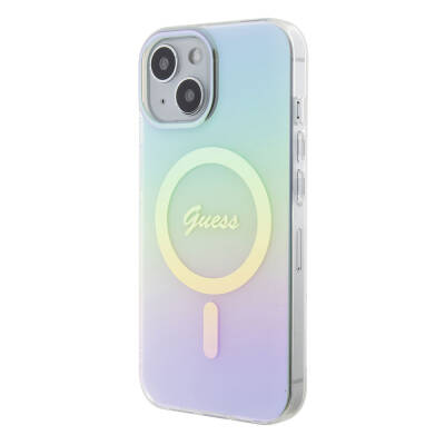 Apple iPhone 15 Case Guess Original Licensed Magsafe Charging Feature Iridescent Cover with Text Logo - 10