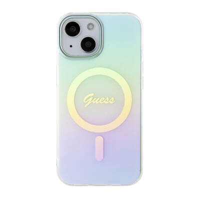 Apple iPhone 15 Case Guess Original Licensed Magsafe Charging Feature Iridescent Cover with Text Logo - 11