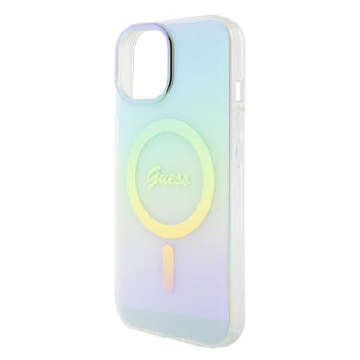 Apple iPhone 15 Case Guess Original Licensed Magsafe Charging Feature Iridescent Cover with Text Logo - 13