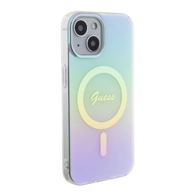 Apple iPhone 15 Case Guess Original Licensed Magsafe Charging Feature Iridescent Cover with Text Logo - 16