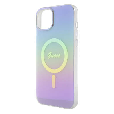 Apple iPhone 15 Case Guess Original Licensed Magsafe Charging Feature Iridescent Cover with Text Logo - 21