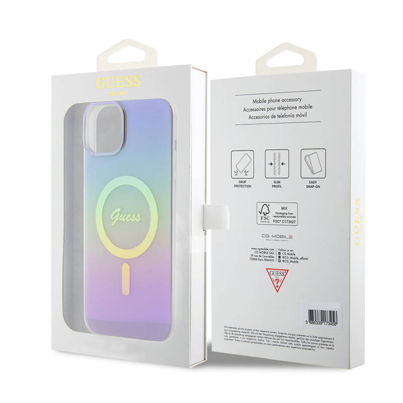 Apple iPhone 15 Case Guess Original Licensed Magsafe Charging Feature Iridescent Cover with Text Logo - 23