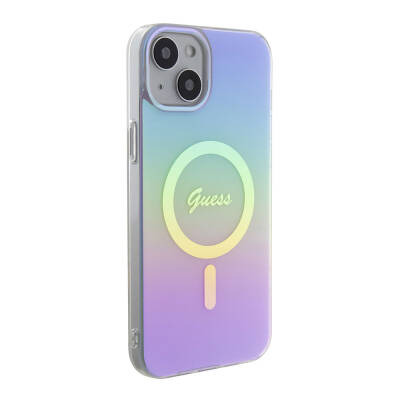 Apple iPhone 15 Case Guess Original Licensed Magsafe Charging Feature Iridescent Cover with Text Logo - 24