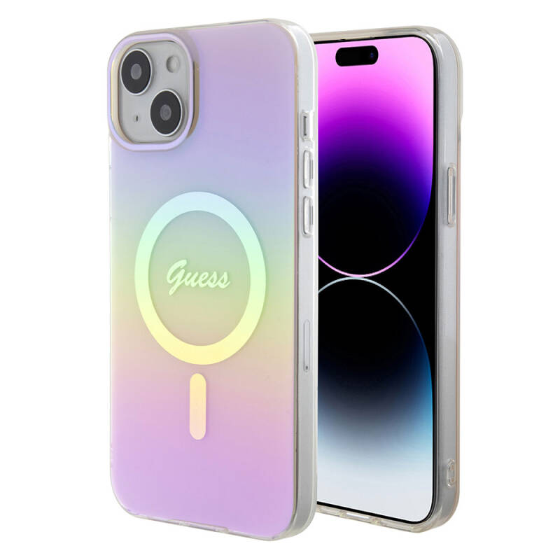 Apple iPhone 15 Case Guess Original Licensed Magsafe Charging Feature Iridescent Cover with Text Logo - 25