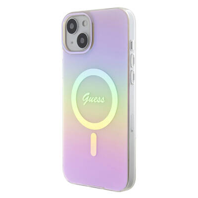 Apple iPhone 15 Case Guess Original Licensed Magsafe Charging Feature Iridescent Cover with Text Logo - 26