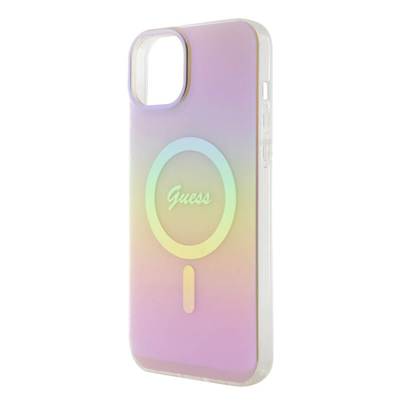 Apple iPhone 15 Case Guess Original Licensed Magsafe Charging Feature Iridescent Cover with Text Logo - 29