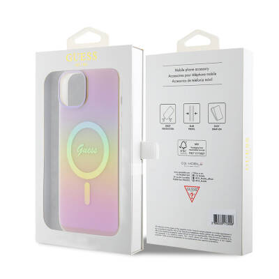 Apple iPhone 15 Case Guess Original Licensed Magsafe Charging Feature Iridescent Cover with Text Logo - 31